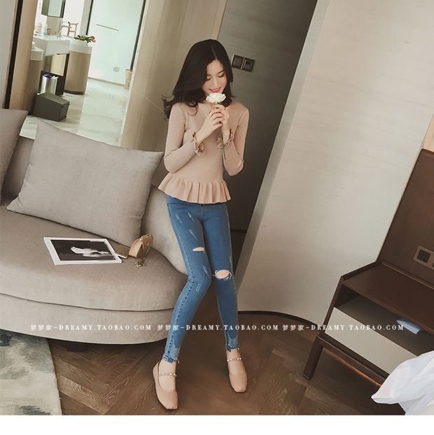 Áo len mới mùa thu 2017 tay áo len dài tay áo sơ mi nữ cổ chữ V Áo len mỏng đáy hoang áo len ghi lê