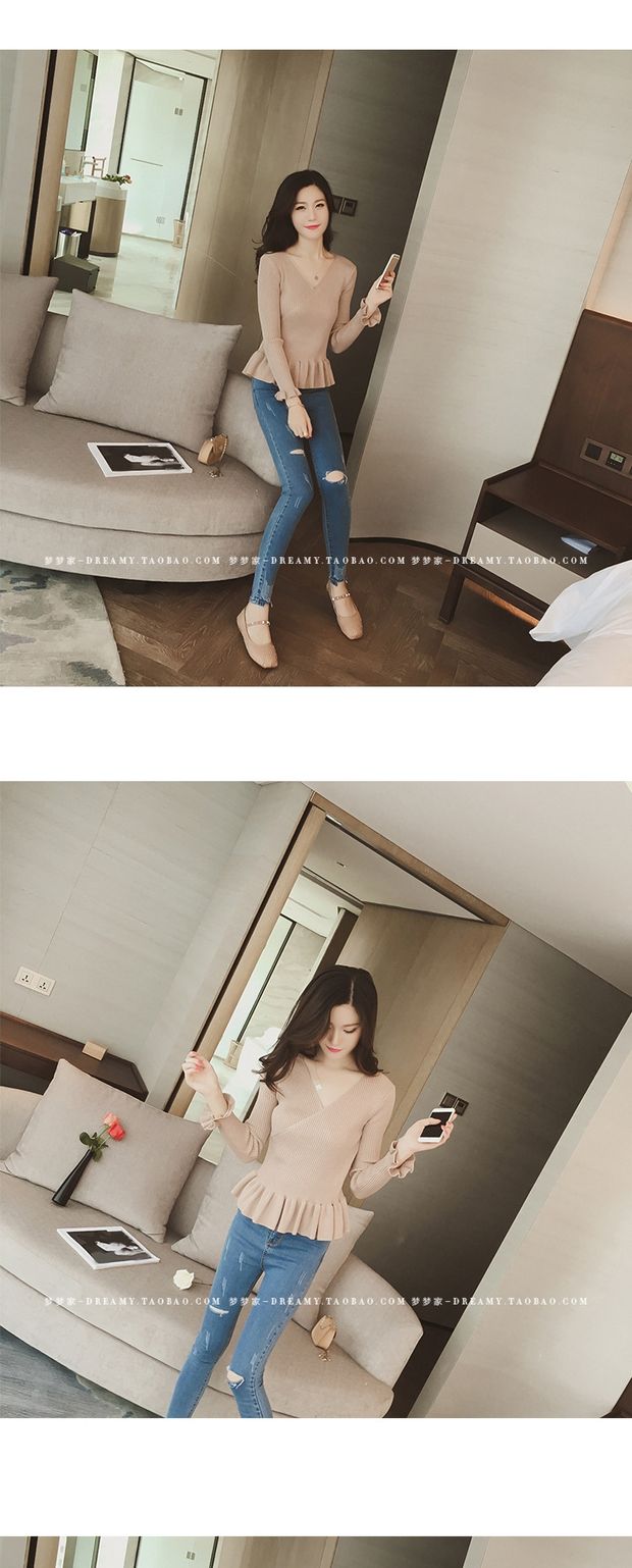 Áo len mới mùa thu 2017 tay áo len dài tay áo sơ mi nữ cổ chữ V Áo len mỏng đáy hoang áo len ghi lê