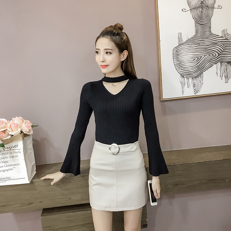 Gió lười mùa thu và áo len mùa đông của phụ nữ đầu đoạn ngắn Tay áo kèn mỏng treo cổ V-cổ áo len đáy đa năng bó sát áo khoác cardigan nữ