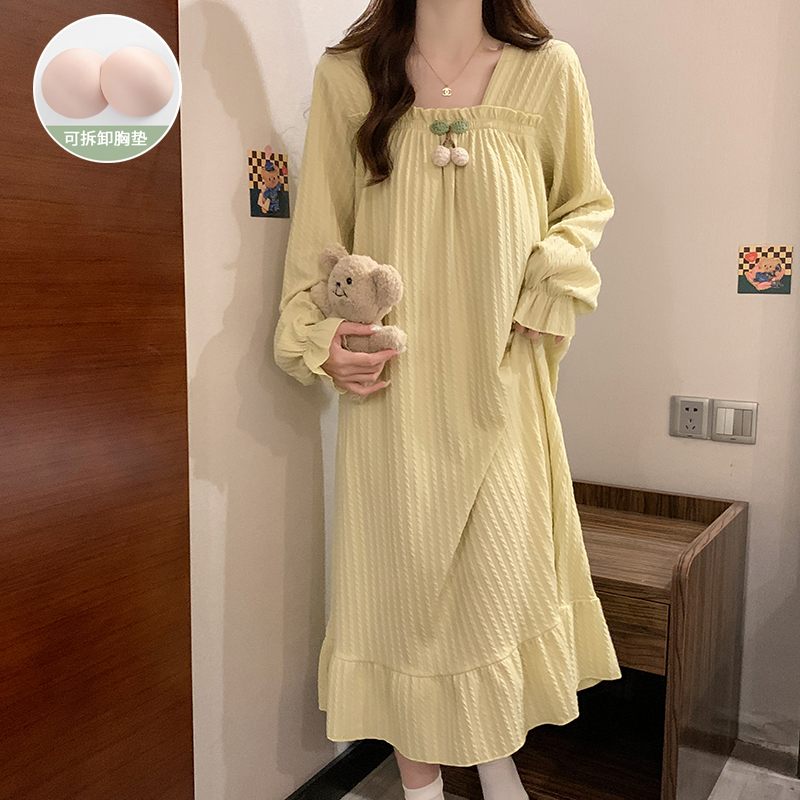 Princess Style Nightgown for Women, Spring and Autumn, Pure Cotton, Long Sleeves with Chest Pads, Plus Size, Loose Fit, Maternity Loungewear, Sleepwear