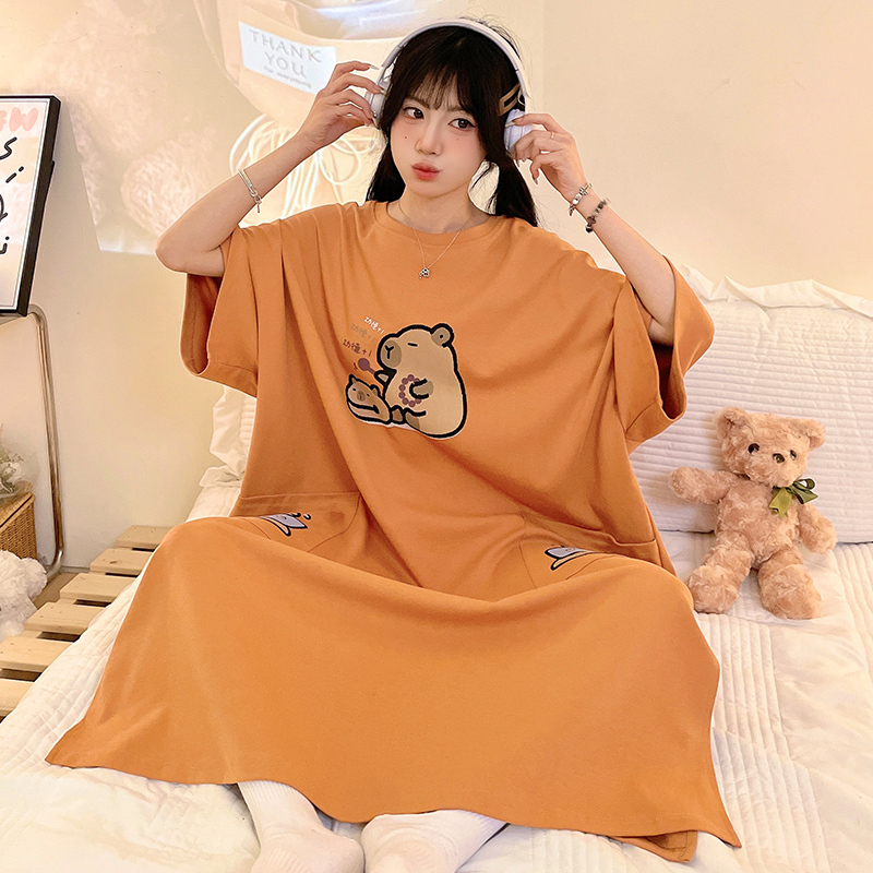 Nightgown for Women, Summer Pure Cotton Short-Sleeved Cartoon Cute Extra Large Size for Fat Girls 150kg Long Style Can Be Worn Outside Maternity Pajamas