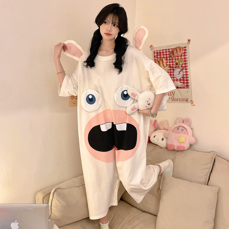 Leiman Rabbit One-Piece Pajamas for Women, Summer Short-Sleeved Pure Cotton Quirky Long Nightdress, Plus Size 100kg Loungewear