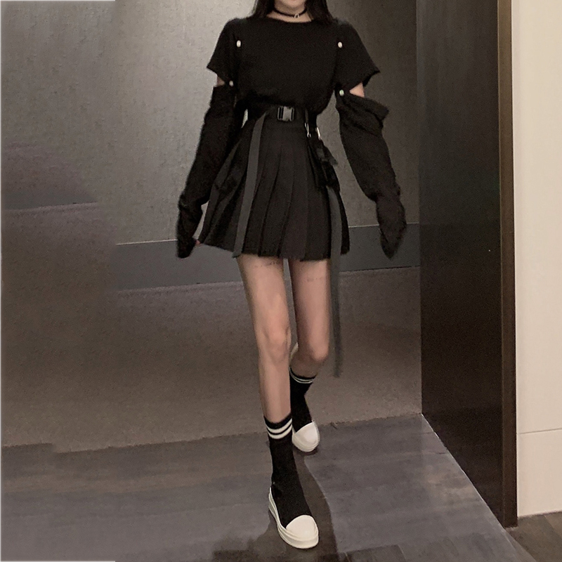 Retro Hong Kong style disassembled long-sleeved T-shirt pleated skirt skirt summer 2020 fashion suit two-piece women