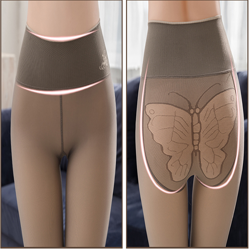 2020 autumn and winter fleece pantyhose high waist stewardess gray butterfly jacquard one-piece translucent fake translucent meat underwear women