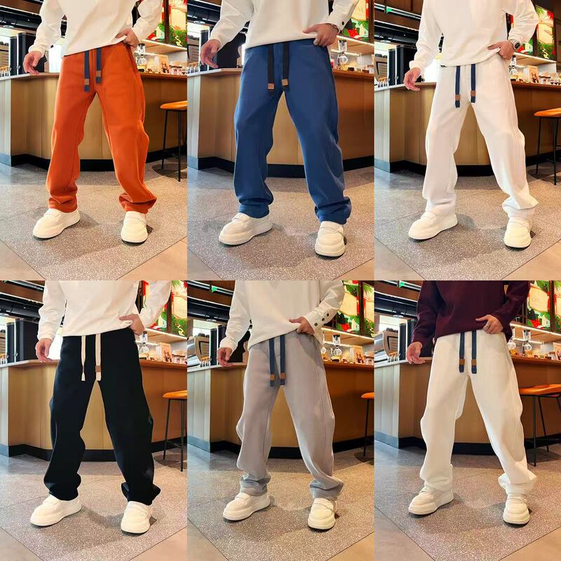 Autumn New American Style Trendy Versatile Fashion Loose Solid Color Simple Drawstring Scimitar Men's Fleece-Lined Casual Sweatpants
