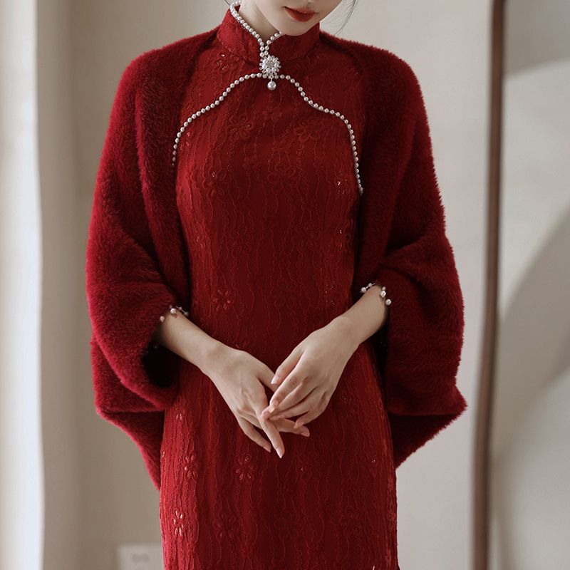 Bridal Wedding Shawl, Autumn and Winter Wedding Outerwear, Cape, Winter Warm Red Toast Dress, Cape, Jacket, Batwing Shirt