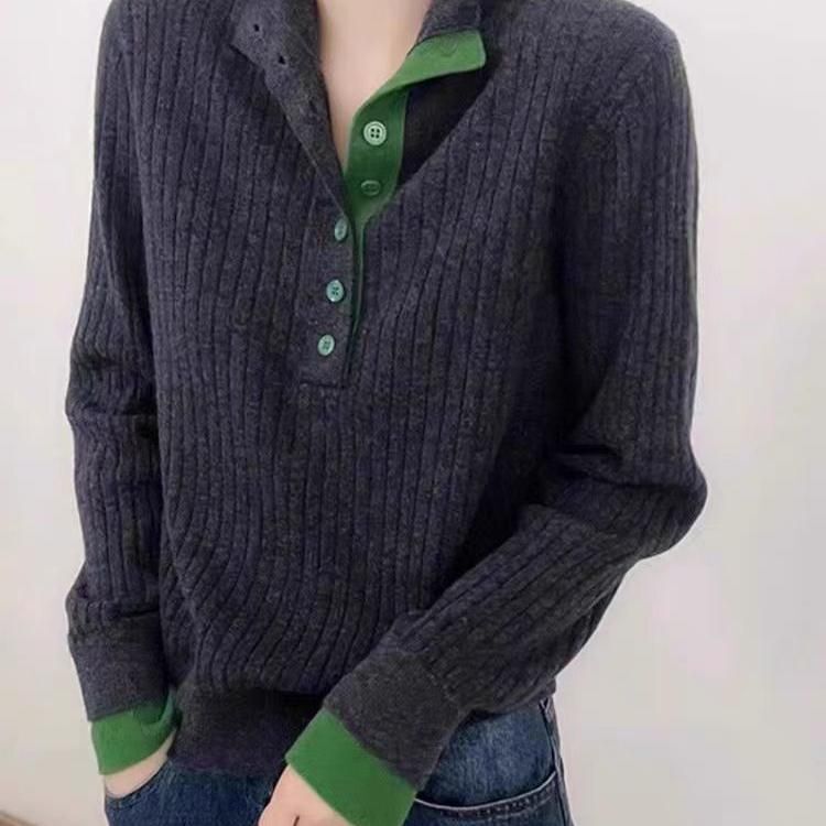 Autumn and Winter Thickened Sweater for Women, New Spring Pullover, Slimming, Turn-Down Collar, Ribbed, Loose, Stylish Knitted Base Shirt, Color-Blocking