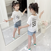 Girls summer clothing suit 2022 new ocean gas children 7 Summer 9 denim shorts trendy net red Two sets 11 years old