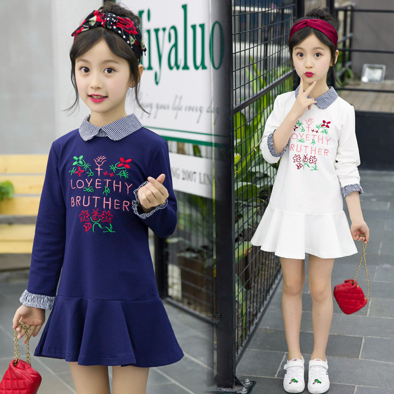 Girls' spring and autumn mid-length dresses 2021 new medium-sized children's little girls doll collar long-sleeved thick cotton T skirt