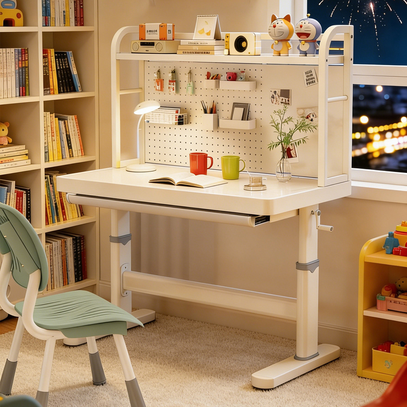Children's Adjustable Study Desk Set with Pegboard and Bookshelf, Suitable for Home Use by Primary and Secondary School Students, Iron Art Writing Desk and Workbench