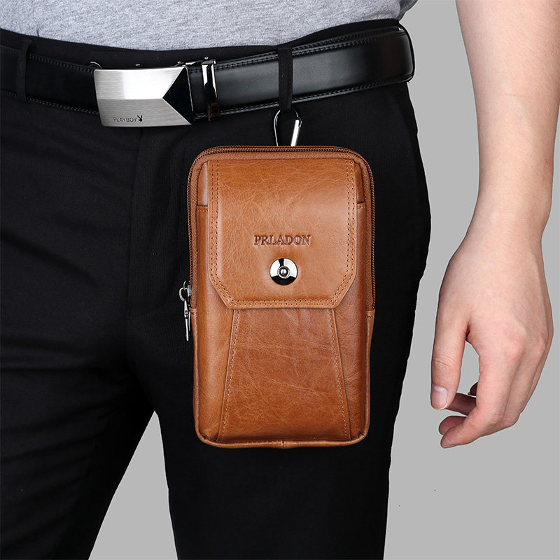 Head-layer cow leather double layer purse 5 5 6 7 inch genuine leather mobile phone bag wearing leather strap male trend skew cross site abrasion resistant