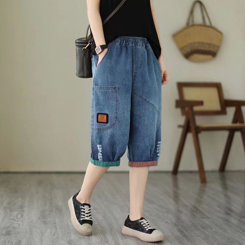 Fashionable Elastic Waist Six-Point Jeans for Women in Summer Thin Loose Ripped Small Three-Point Straight Harem Pants