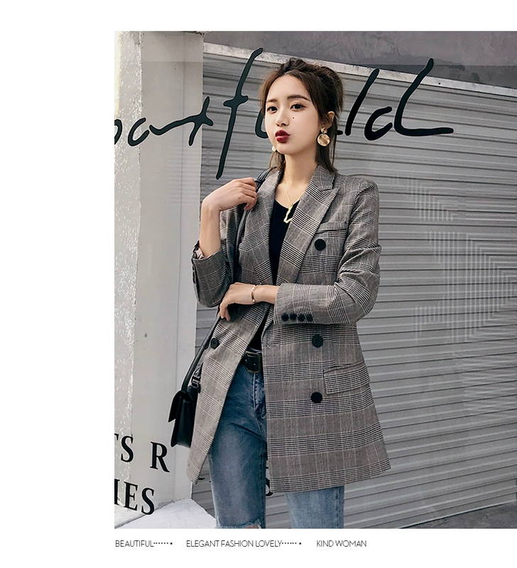 Bộ đồ kẻ sọc nhỏ phiên bản Hàn Quốc của bộ đồ nhỏ 2018 mới mùa thu nữ giản dị giảm béo khí chất dài kiểm tra áo dài bộ vest nữ quần lửng