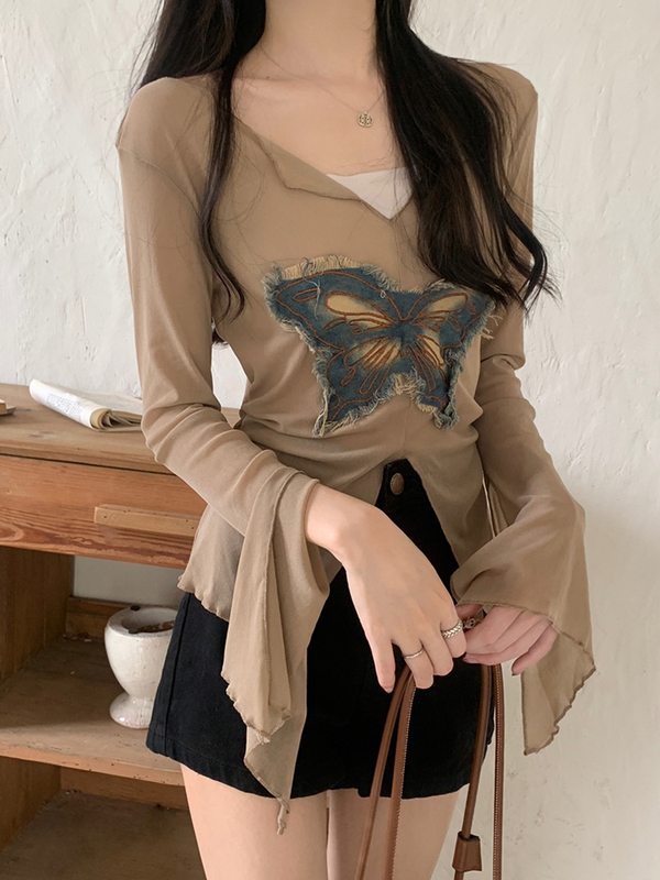 American Retro Butterfly Patch Flared Long-Sleeve T-Shirt for Women, Early Autumn Slim Fit Spicy Girl V-Neck Thin Mesh Top Blouse