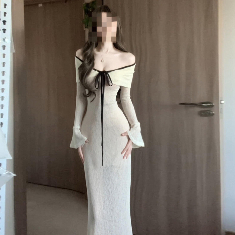 French-Style One-Shoulder Hot Girl Off-Shoulder Long-Sleeve Dress for Women, Early Autumn Slim-Fit Design, Elegant Waist-Cinching Bodycon Long Dress