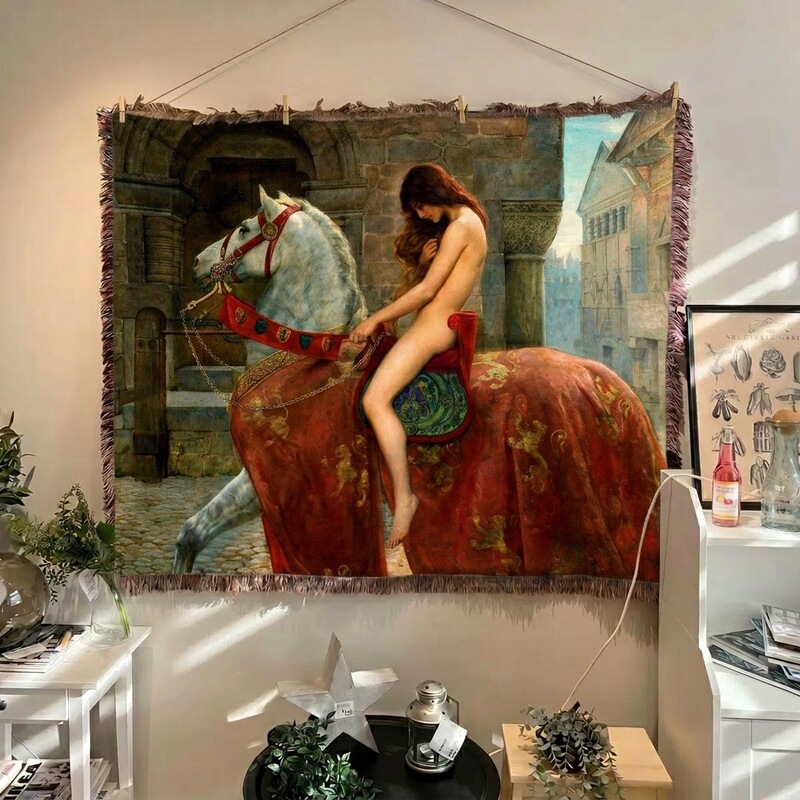 Goddiva on John Corry's Horseback, Romantic Retro Style Tapestry, Decorative Blanket, Sofa Home Cover