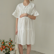 Pregnant Woman Lian Dress Skirt Summer Short Sleeve Long Dress Round Collar A Character Dress Loose Big Code Doll Dress Fashion Spring Summer Gestation Woman Dress