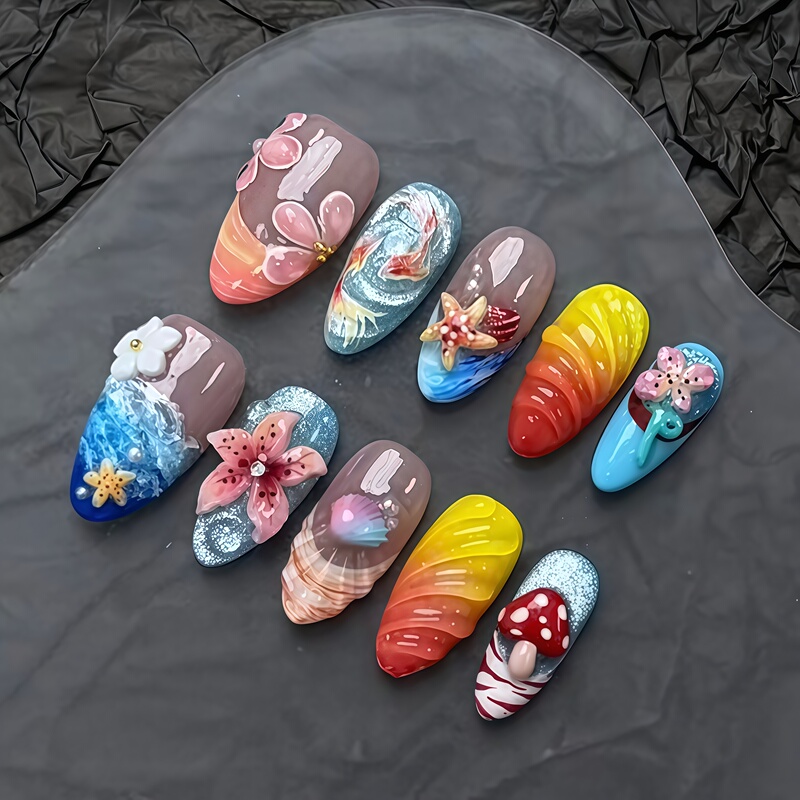 2026 New Style Pure Handmade 3D Three-Dimensional Carved Wearable Nails with Gradient Shell, Starfish, and Flower Designs, High-End Whitening Effect 2026 New Style Pure Handmade 3D Three-Dimensional Carved Wearable Nails with Gradient Shell, Starfish, and Flower Designs, High-End Whitening Effect