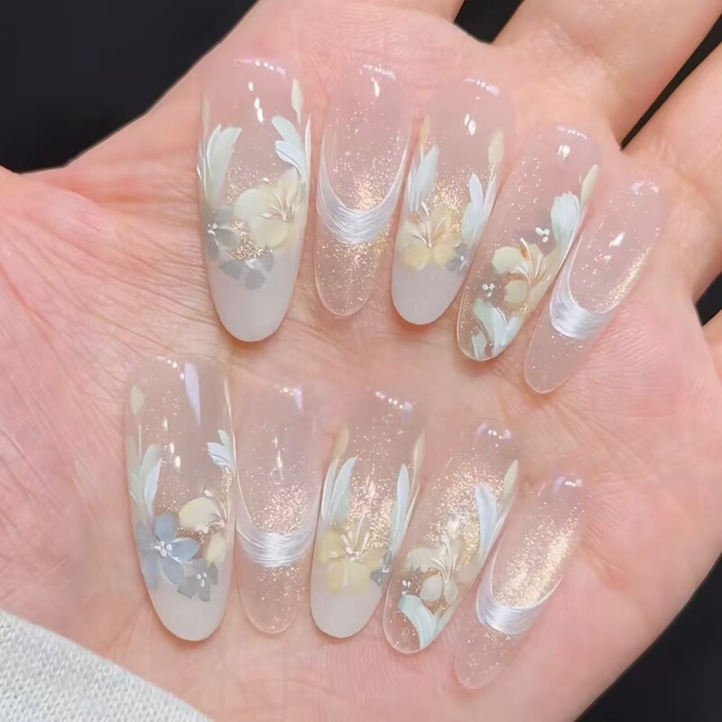 Purely Handmade Ice-Clear Flower Wearable Nails, Cool, Gentle, High-End, Fairy-Like, Cat-Eye, Whitening, Removable Nail Patches