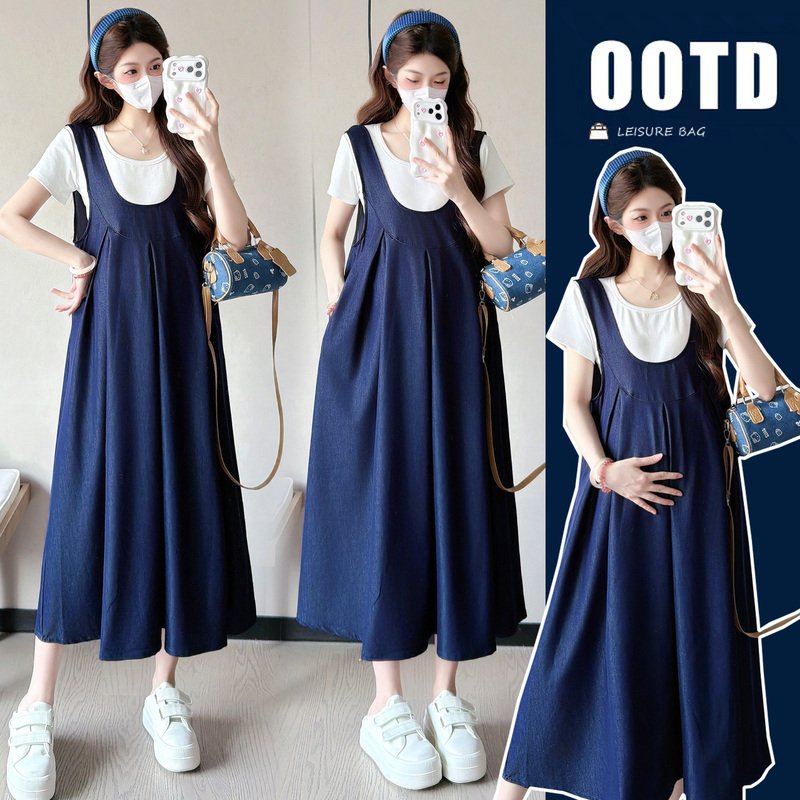 Maternity Dress Korean Style Trendy Age-Reducing Fashionable Mom Pregnancy Outfit Set Summer Denim Suspender Dress Maternity Wear Summer