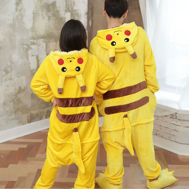 Mùa thu và mùa đông flannel nam khủng long mèo động vật đồ ngủ liền kề nữ cặp đôi hoạt hình dễ thương Pikachu người lớn san hô nhung