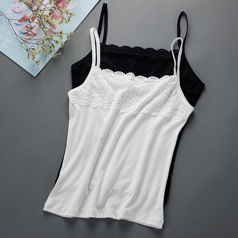 Spring and Summer New Lace Korean Style Slim Fit Stretch Camisole for Women, Black and White Inner Wear, Outer Wear, Base Layer Top, Trendy