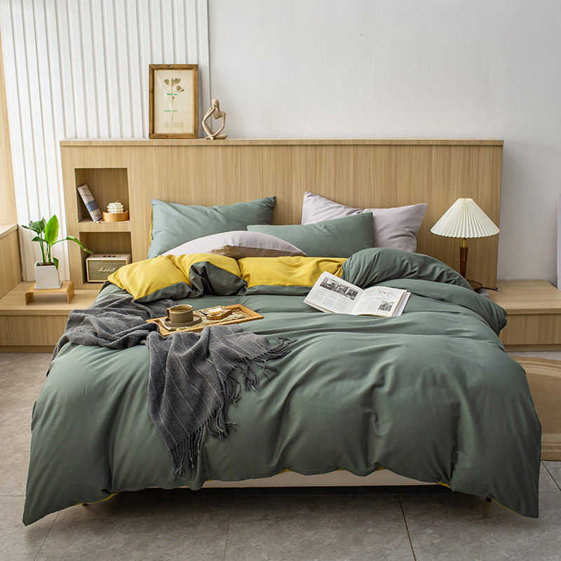 Nordic wind bed four-piece set pure cotton double fight bed sheet quilt cover solid color simple student three-piece set for four seasons