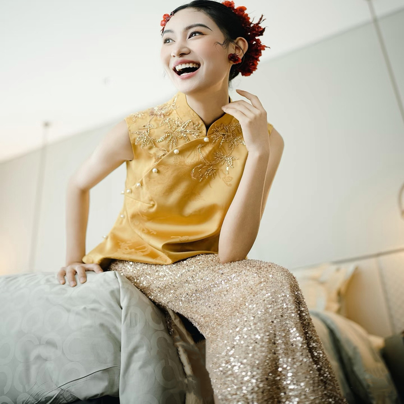 Dressing Gown Female Bride Engagement Certificate Toast Dress Accessible Luxury Dress Dress Cheongsam Chinoiserie Two-Piece Set Handmade Beads