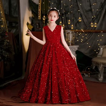 Girls' Dress, Princess Dress, Classy Kidsren's Host Piano Performance Dress, Red Flower Girl Wedding Dress, Little Girl's Wedding Dress