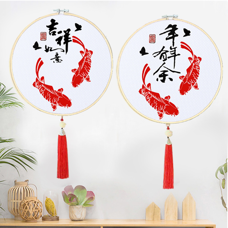 2022 new cross embroidered small pieces line embroidered year with fish picture pair of cotton thread living-room bedroom simple embroidered stitch