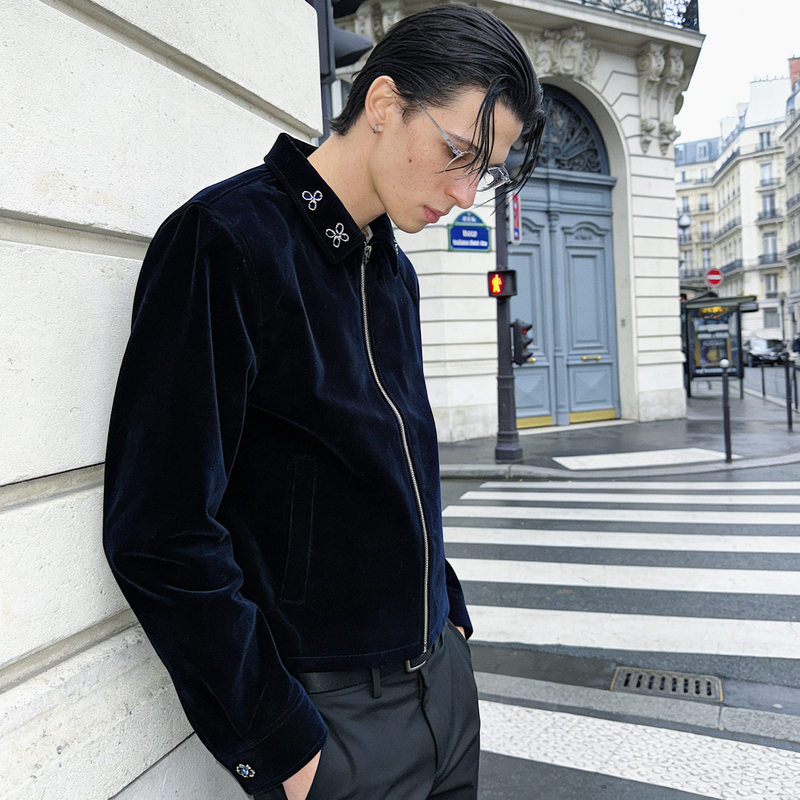 Swan Lake Overture Velvet Stand-Up Collar Zipper Jacket for Men, Retro Dark Blue Flocked Simple High-End Velvet Feel Outerwear