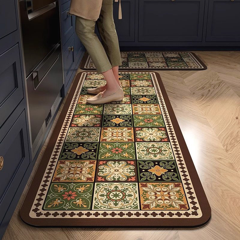 Kitchen floor mat is non-slip, oil-proof, water-absorbent and stain-resistant and can be cut