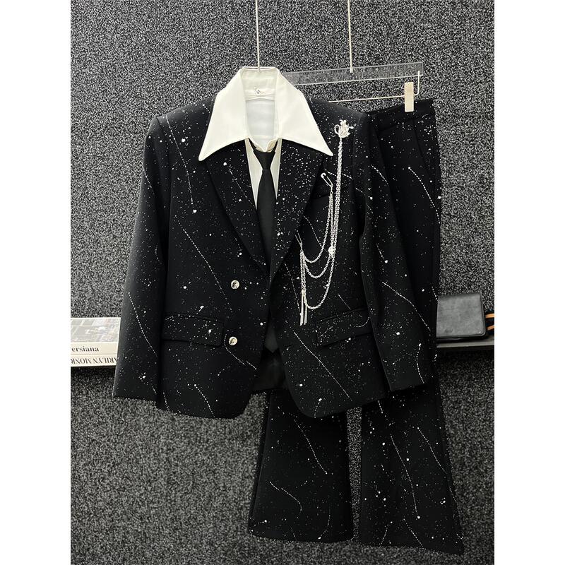 High-End Star-Patterned Gold-Stamped Suit Set for Men, Loose-Fitting Metal Chain Suit Jacket, Nightclub Fashion Stage Outfit