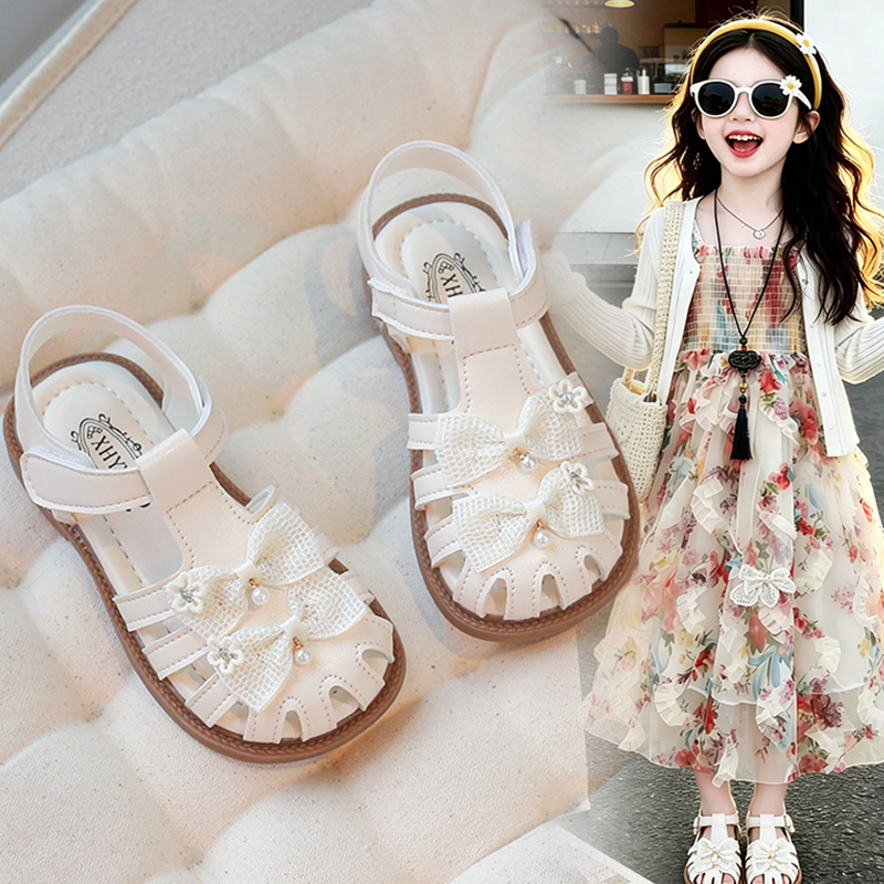 Girls' Sweet Bow-Knot Flower Princess Sandals Summer New Casual Versatile Soft-Soled Princess Style Beach Sandals