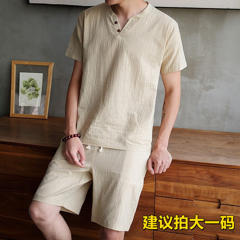 Cotton and Linen Pajamas Summer Men's Short-Sleeved 2021 Summer Men's Home Wear Set Linen Thin Simple Two-Piece Set for Men