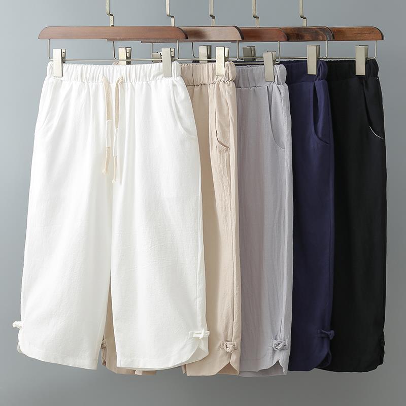 2023 Summer Linen Cropped Pants Men's Korean Style Trendy Casual Easiest for Match Shorts Six-Point Loose Pants 7-Point Pants