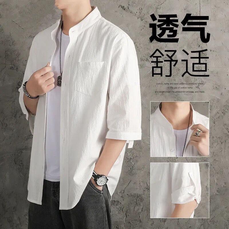Linen Shirt Men's Solid Color Shirt Loose Men's Clothing Chinese Style Summer Cotton and Linen Men's Casual Jacket Three-Quarter Sleeve Shirt