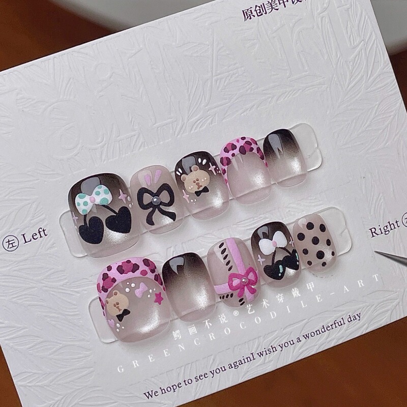 【Crocodile Painting Doesn'T Speak】Pink Leopard Little Bear Cat Eye Wearable Nails, Sparkling, Brightening, Versatile, Embossed Hand-Painted Short Nails 【Crocodile Painting Doesn'T Speak】Pink Leopard Little Bear Cat Eye Wearable Nails, Sparkling, Brightening, Versatile, Embossed Hand-Painted Short Nails