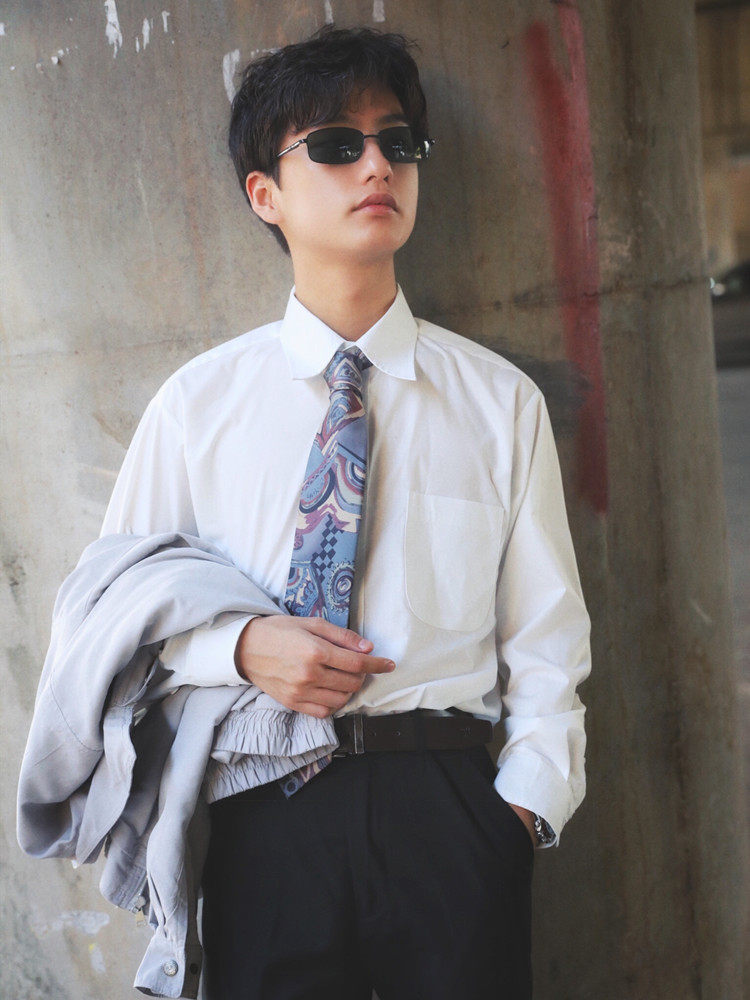 He Jianghai The same original retro 80 Hong Kong style loose solid color top casual wild simple long-sleeved shirt men