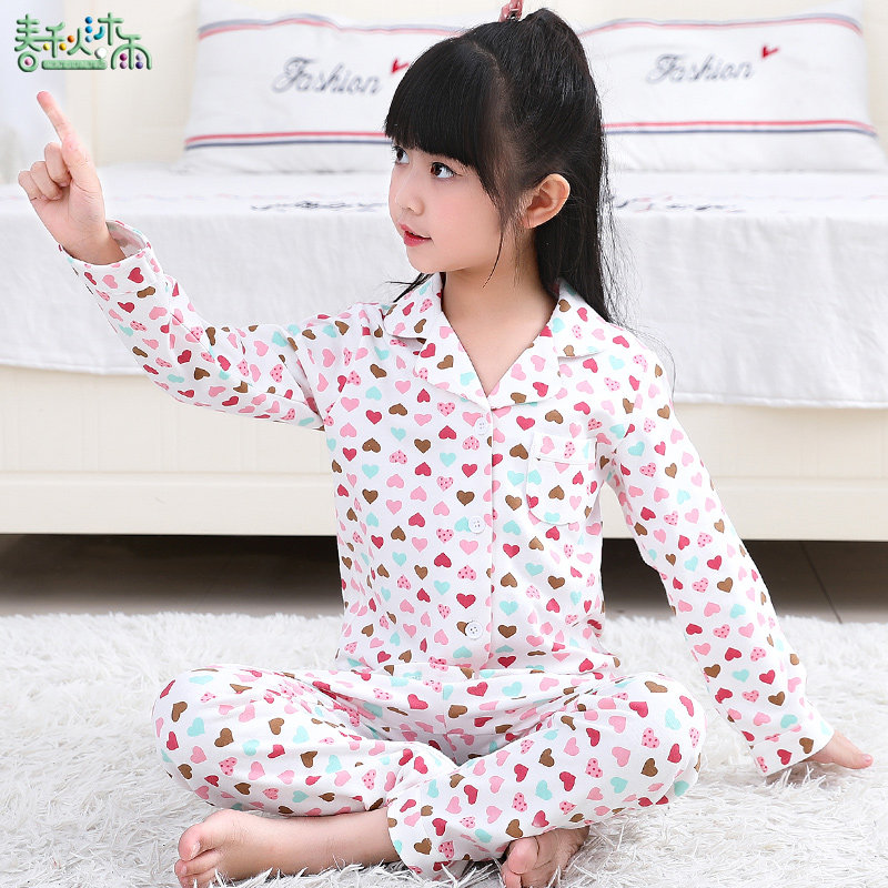 Girls long - sleeved home suit Spring and autumn air conditioning small girl child baby pajamas girl whole cotton