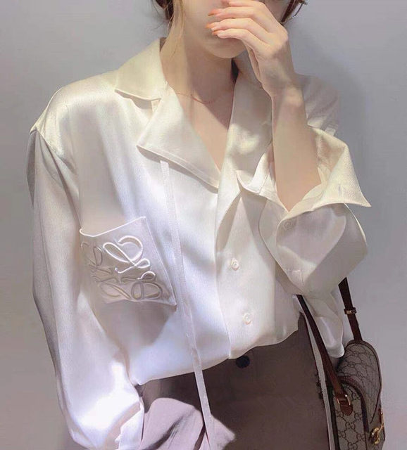2024 Spring and Summer New Silk Satin Top Light Luxurious Design LW Embroidered Shirt Long Sleeve White Shirt Jacket for Women