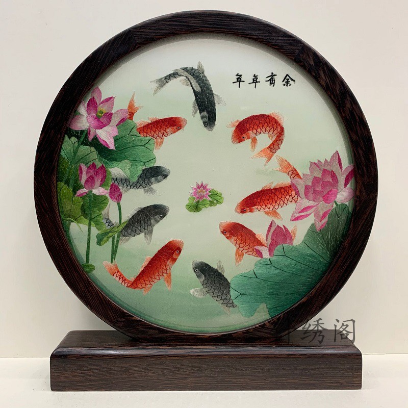 Pure handwork Suzhou embroidery finished simple frame embroidery ornaments small chicken wings wood screen double-sided embroidery gifts portable