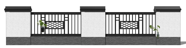 新中式徽派苏州园林风格庭院围墙铁艺防护栏窗花草图大师SU模型