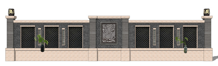 新中式徽派苏州园林风格庭院围墙铁艺防护栏窗花草图大师SU模型