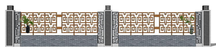 新中式徽派苏州园林风格庭院围墙铁艺防护栏窗花草图大师SU模型