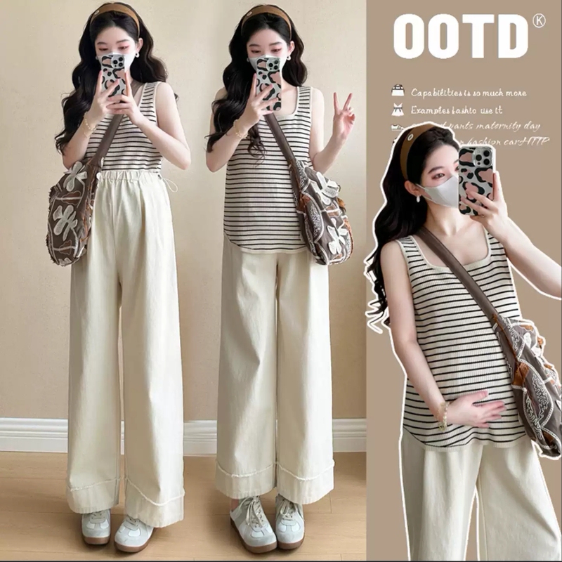 Maternity Summer Clothing Ice Silk Knit Wide Shoulder Strap U-Neck Camisole Versatile Pregnancy Fashion Niche Striped Tank Top for Women Maternity Summer Clothing Ice Silk Knit Wide Shoulder Strap U-Neck Camisole Versatile Pregnancy Fashion Niche Striped Tank Top for Women