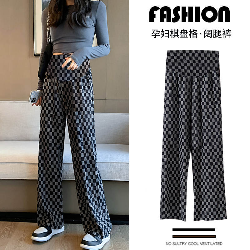 Maternity Plaid Wide-Leg Pants for Women, Summer Thin Casual Straight Loose Drape Floor-Length Pants, Black and White Checkered Pattern