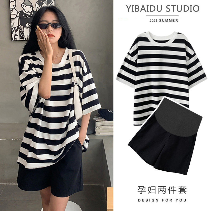 Maternity suit fashion new Korean version summer short-sleeved shorts casual sports large size net red belly pants two-piece set
