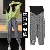 Spring and summer new pregnant womens pants Reduced Age Striped Knit Cotton 90% Pants Brief Casual 100 Lap Loose Bungling Pants Woman