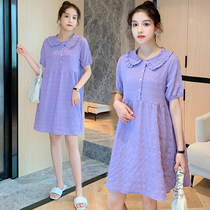 Pregnancy Woman Dress Summer Dress New One-piece Dress Korean Version Summer Doll Collar Pregnant Woman Skirt Tide Moms Net Red Loose Long Skirt Woman